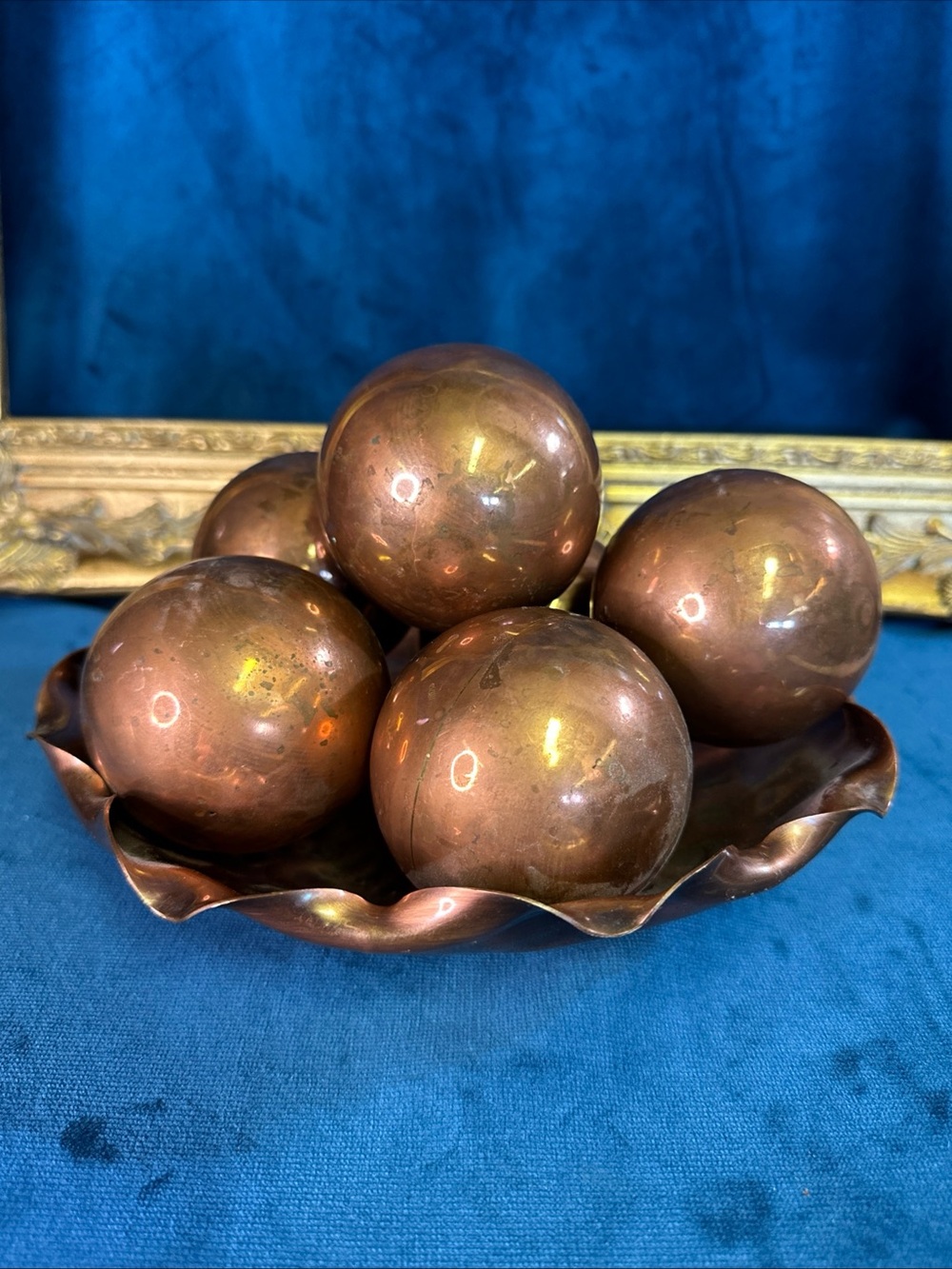 6 Vintage Decorative Copper 3” Orbs Balls With Matching Hammered Copper 9” Bowl